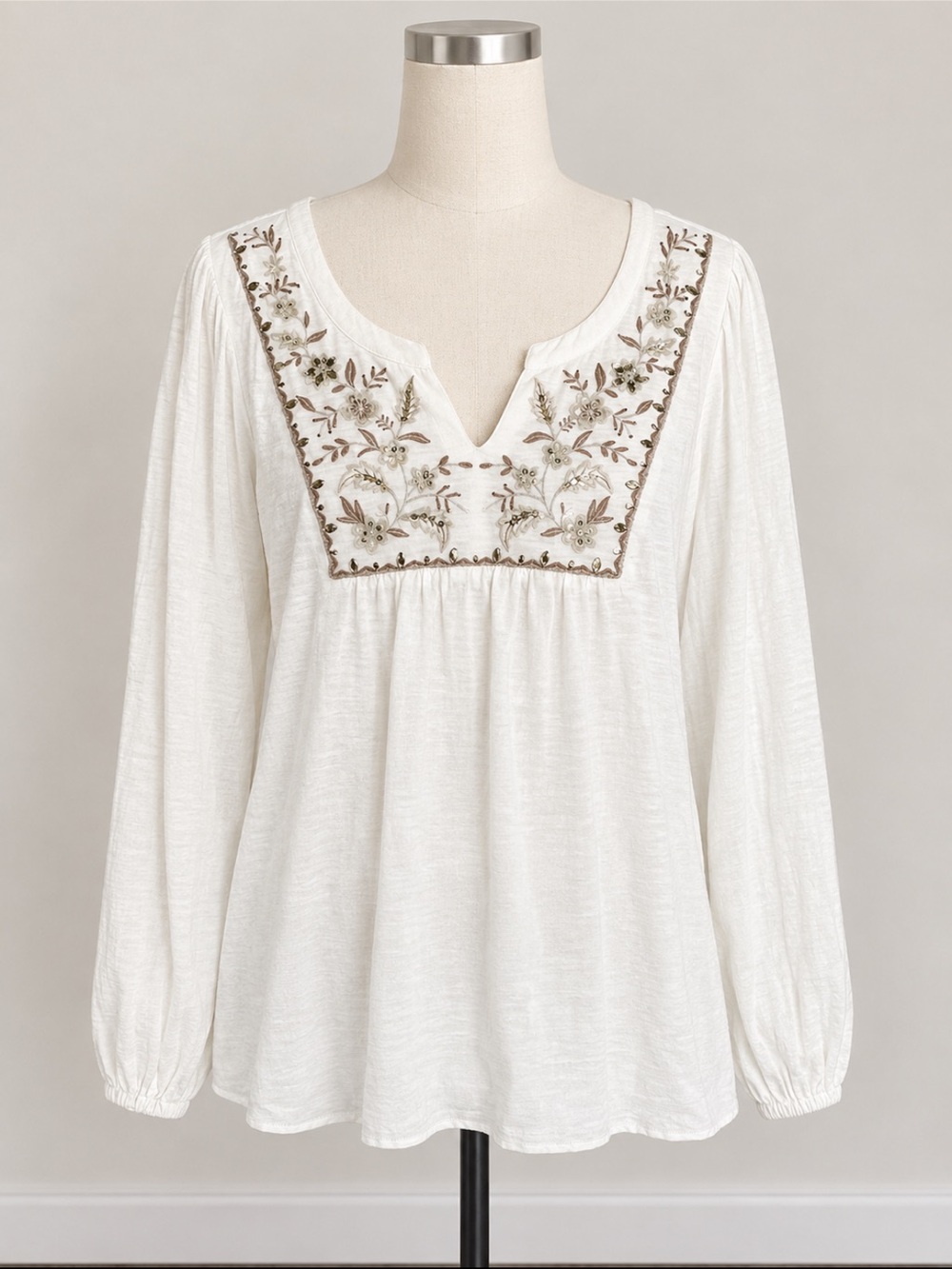 Embroidered V-Neck Boho Top in Ivory with Golden embroidery, 100% cotton,27’Long